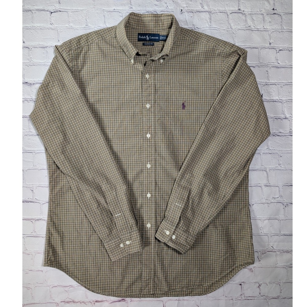Ralph Lauren Button Down Shirt Mens 16.5 L Cotton Tan Plaid Classic Fit Pony